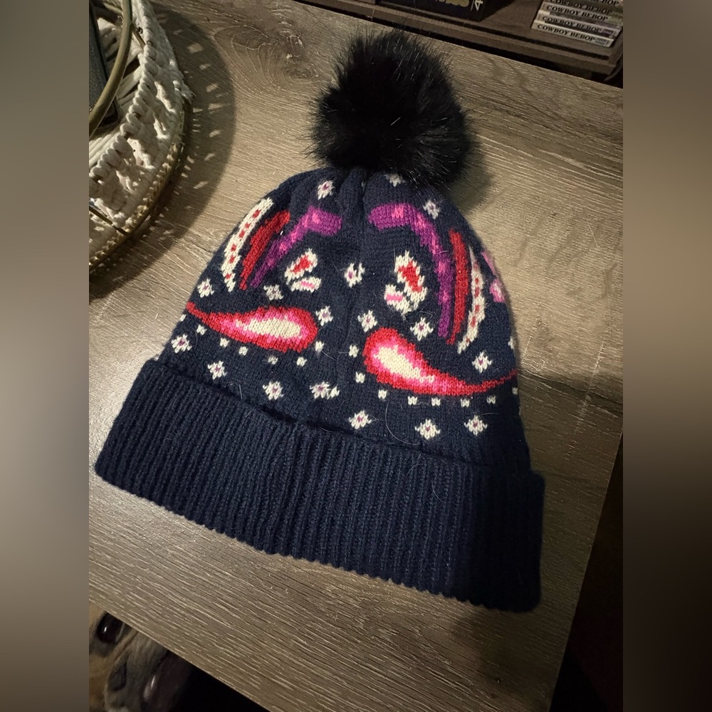 Vera Bradley Navy Pom Pom Beanie with Pink Paisley Accent